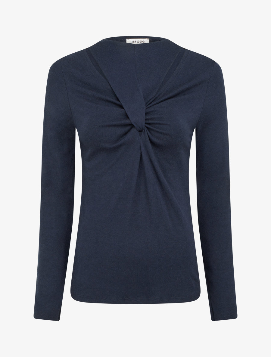 Pull fin uni à col fantaisie - Marine - 1