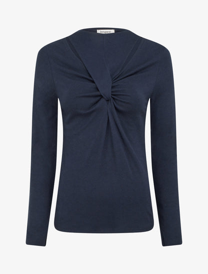 Pull fin uni à col fantaisie - Marine - 1