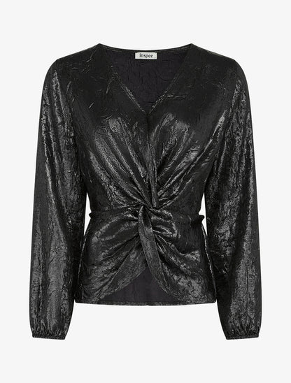 Blouse irisée élastiquée à manches longues - Noir - 1