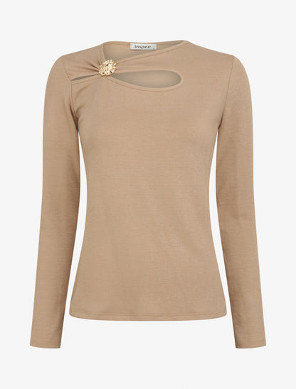 Pull ajouré à empiècement bijou - Taupe - 1