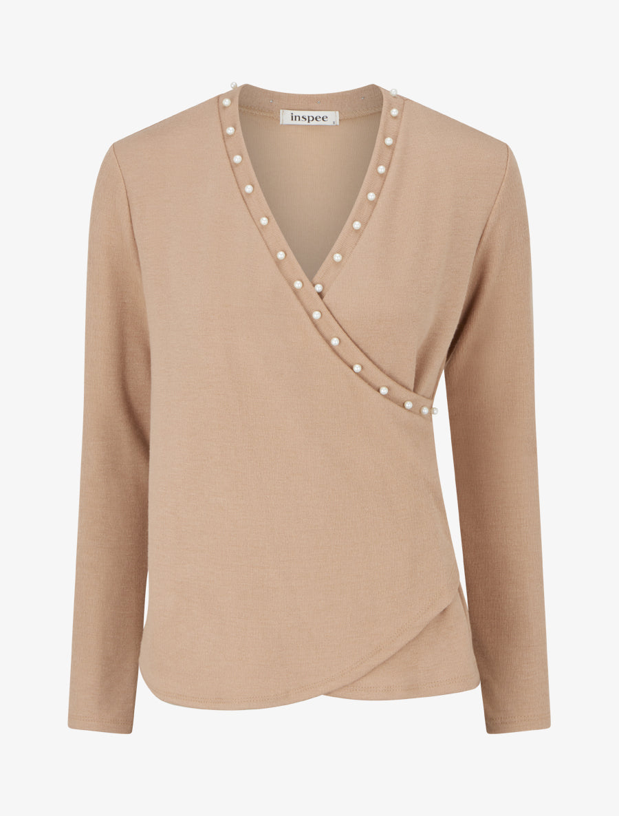 Pull fin à col cache-coeur orné de perles - Camel - 1