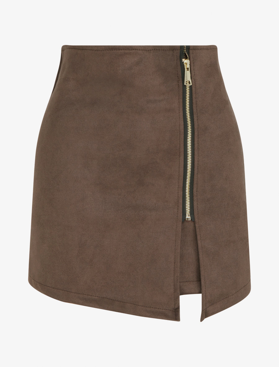 Jupe short zippée en suédine - Marron