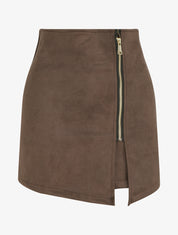 Jupe short zippée en suédine - Marron