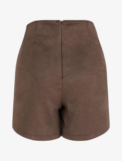 Jupe short zippée en suédine - Marron