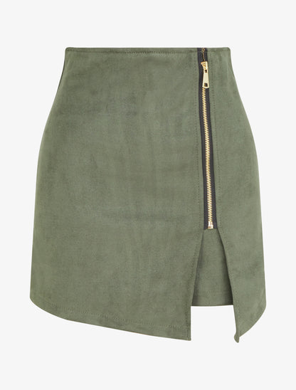 Jupe short zippée en suédine - Kaki