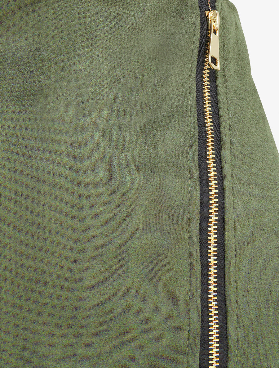 Jupe short zippée en suédine - Kaki