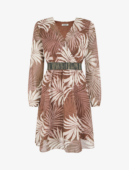 Robe cintrée en voile imprimé feuillage - Marron - 1