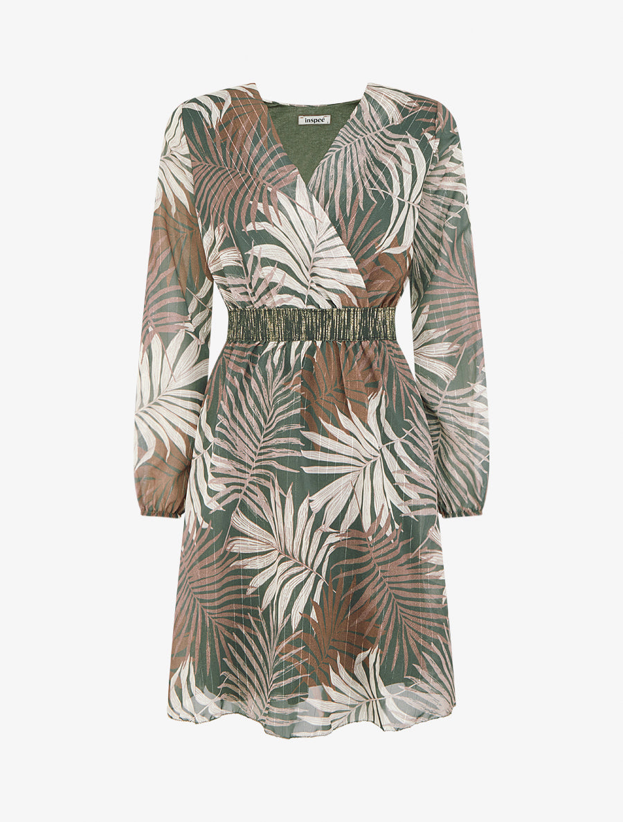 Robe cintrée en voile imprimé feuillage - Vert - 1