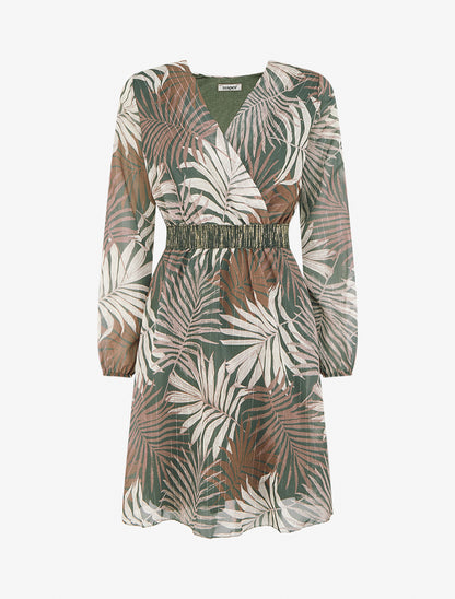 Robe cintrée en voile imprimé feuillage - Vert - 1