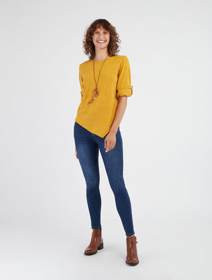 Pull fin asymétrique à manches longues retroussables - Jaune moutarde