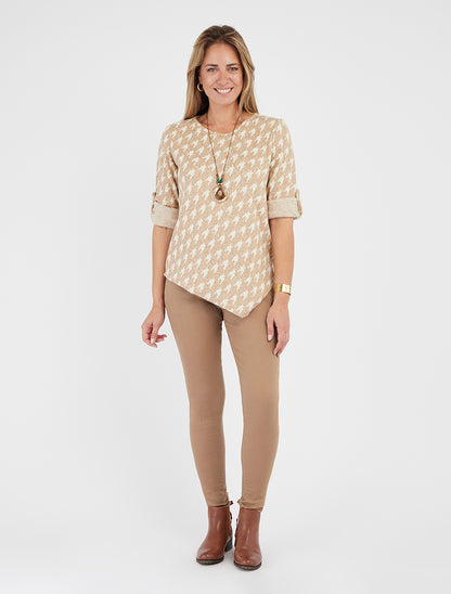 Pull fin asymétrique à imprimé pied de poule - Beige