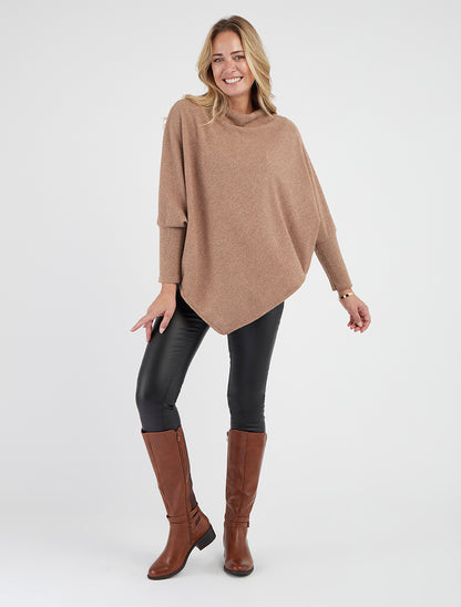 Poncho fin uni à manches longues - Taupe