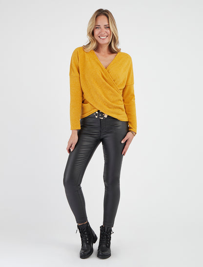 Pull fin uni à col cache-coeur - Jaune moutarde