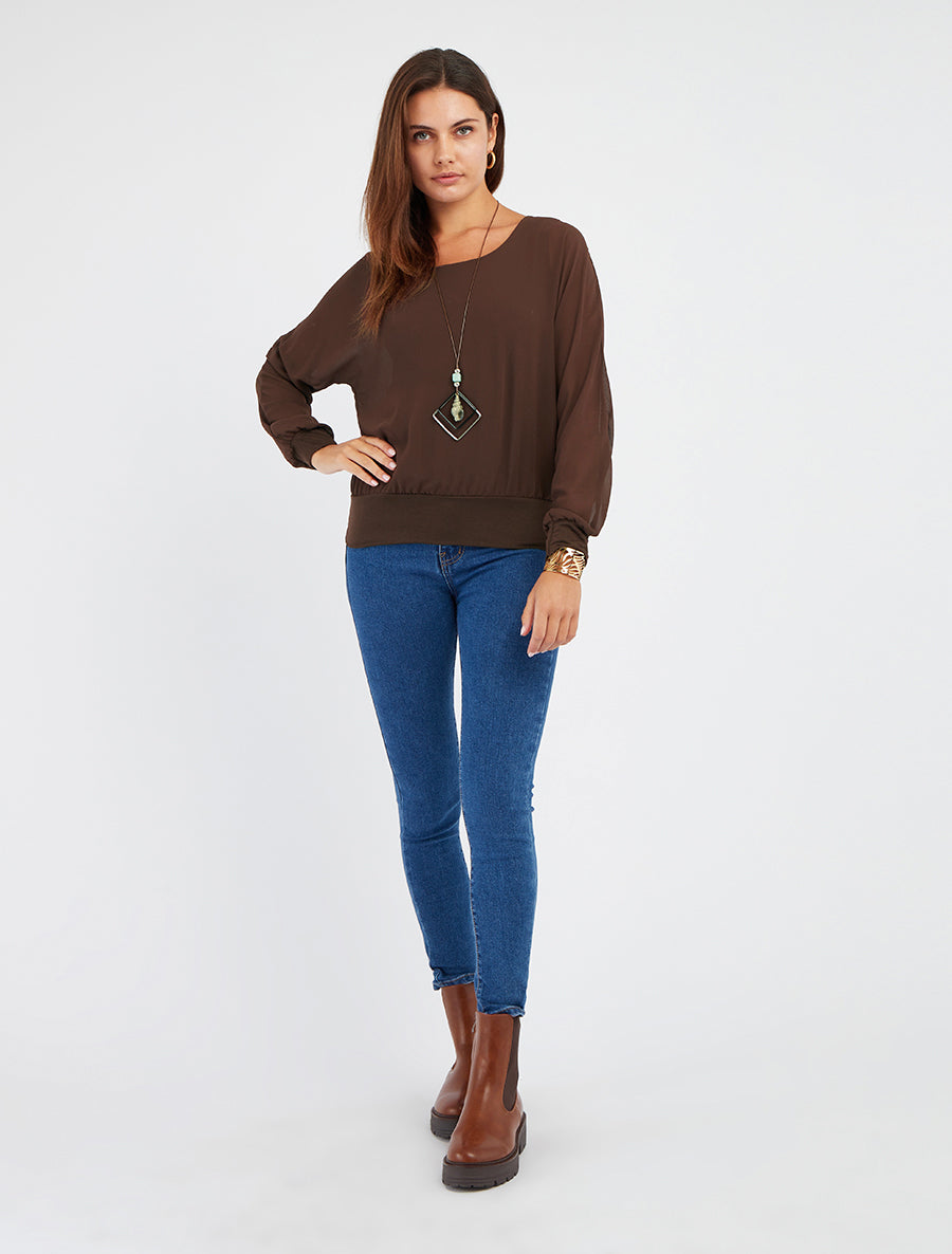 Blouse unie en voile à manches longues - Marron