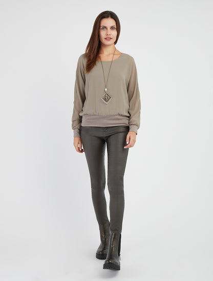 Blouse unie en voile à manches longues - Gris