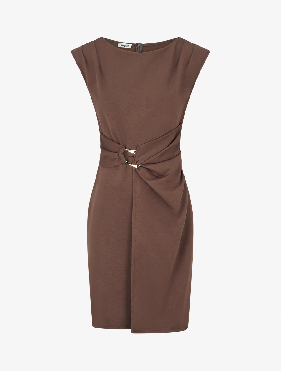 Robe droite unie à empiècement métallique - Marron - 1