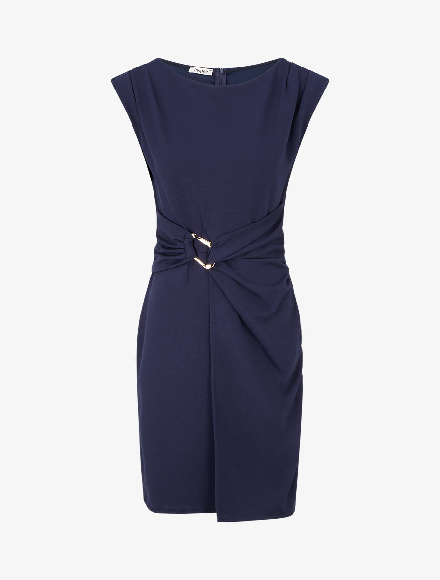 Robe droite unie à empiècement métallique - Marine - 1