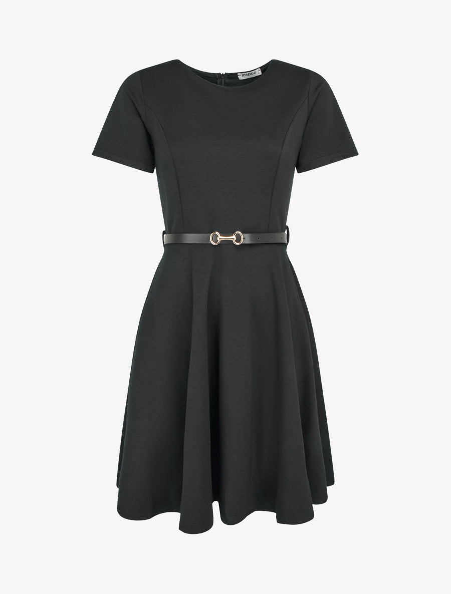 Robe patineuse unie à manches courtes - Noir - 1