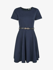 Robe patineuse unie à manches courtes - Marine - 1