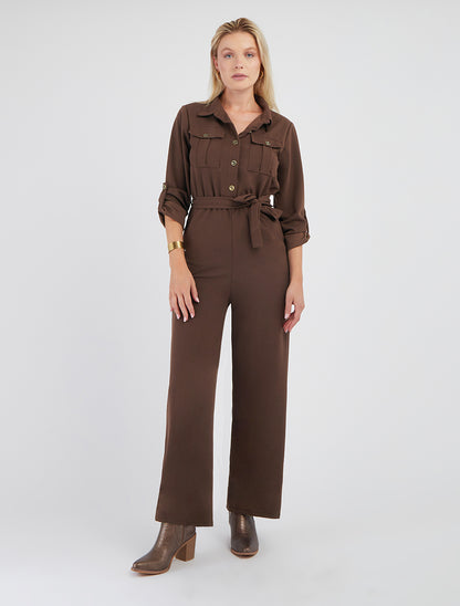 Combinaison unie à taille élastiquée - Marron