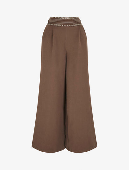 Pantalon ample uni à détail brodé - Marron - 1