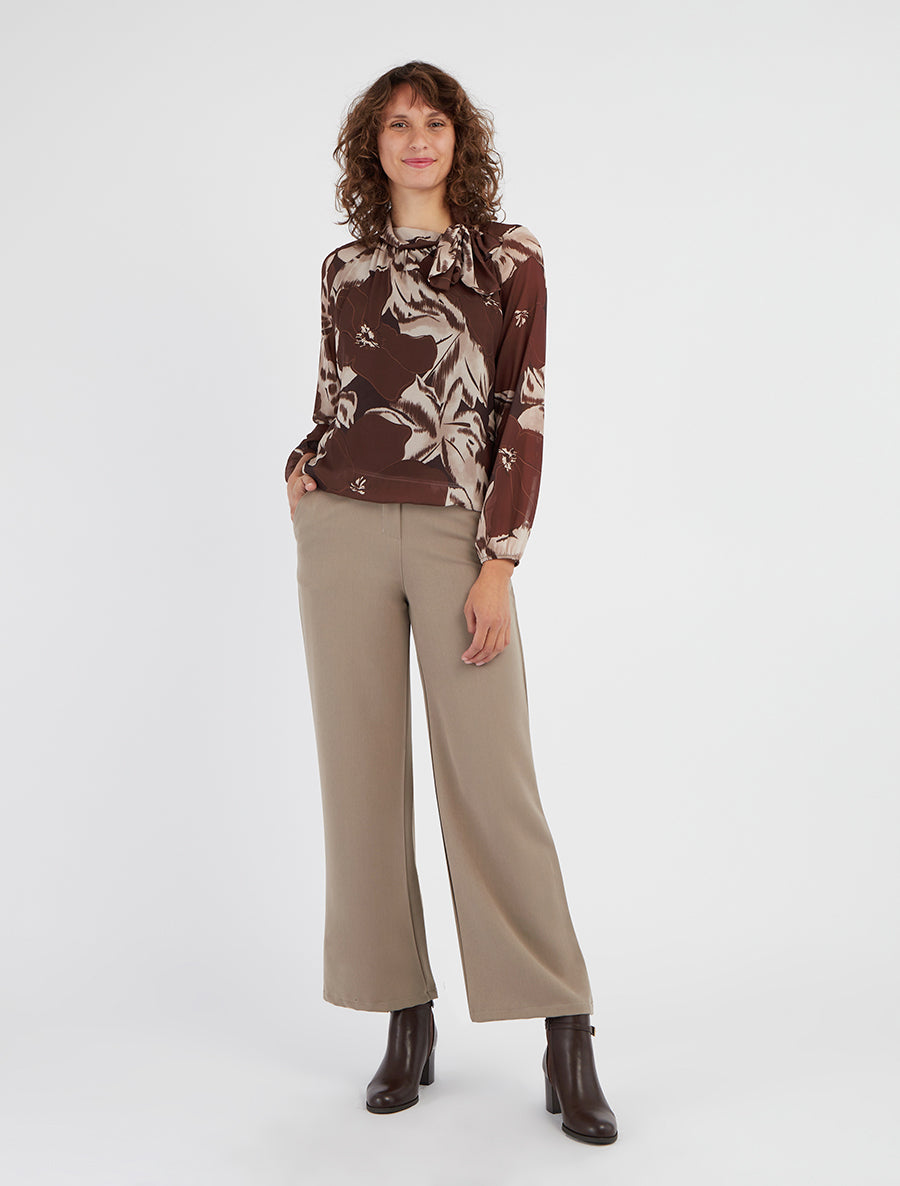 Blouse en voile imprimé floral à nouer - Marron
