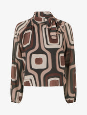 Blouse en voile imprimé rétro à nouer - Marron - 1