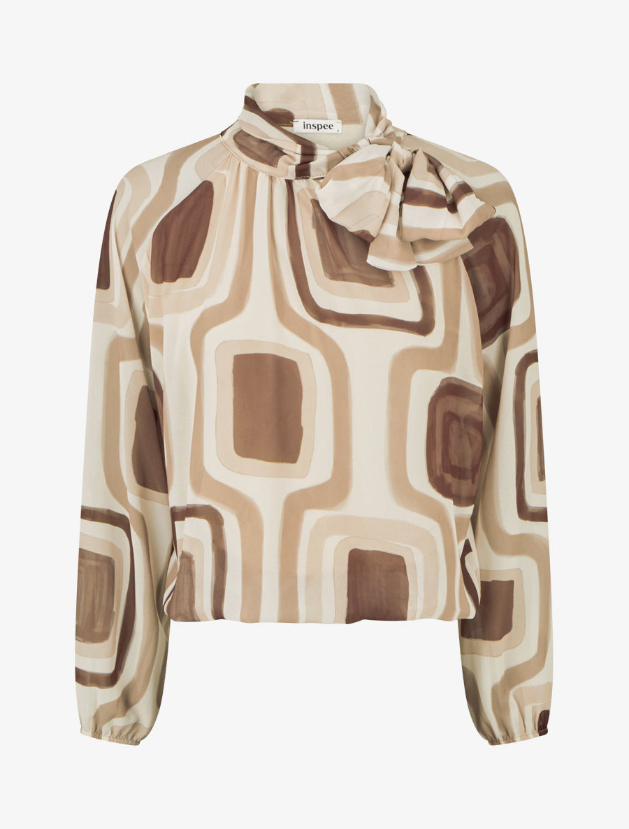 Blouse en voile imprimé rétro à nouer - Beige - 1