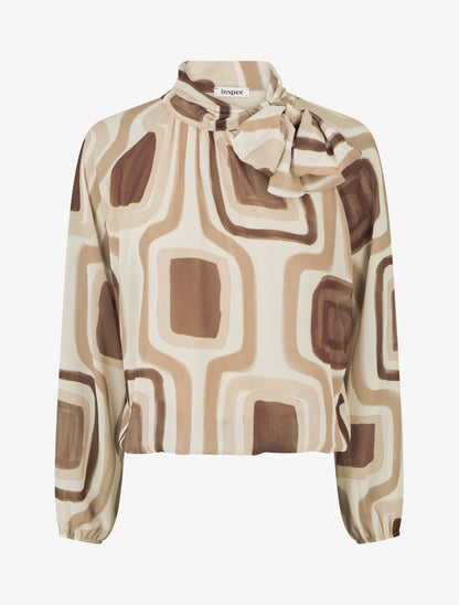 Blouse en voile imprimé rétro à nouer - Beige - 1