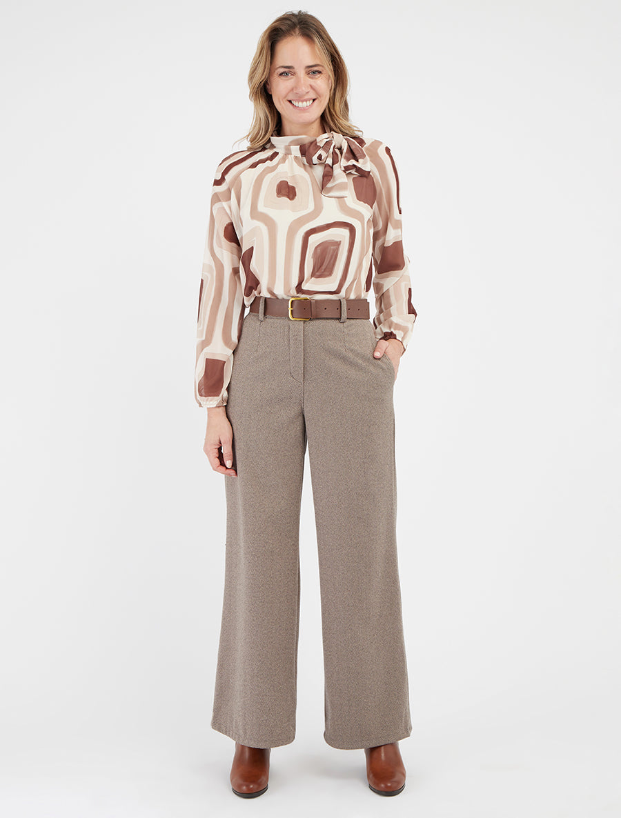 Blouse fluide col montant à nouer - Beige