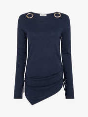 Pull droit à boucles strassées et bords asymétriques - Marine - 1