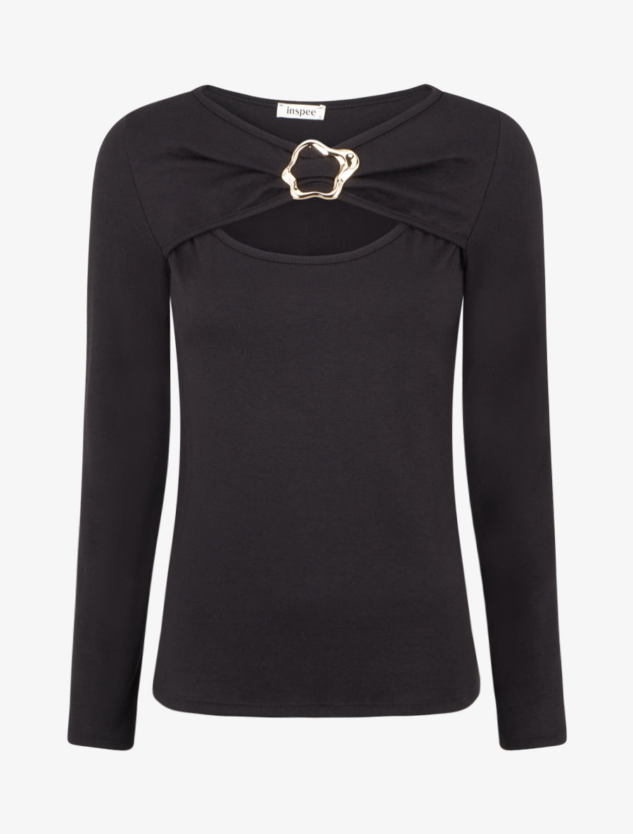 Pull fin à col rond ajouré à boucle - Noir - 1