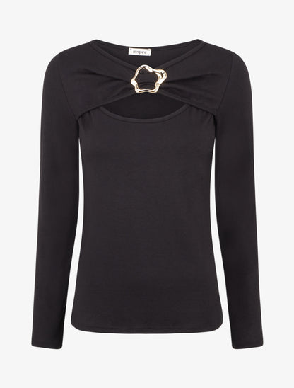 Pull fin à col rond ajouré à boucle - Noir - 1