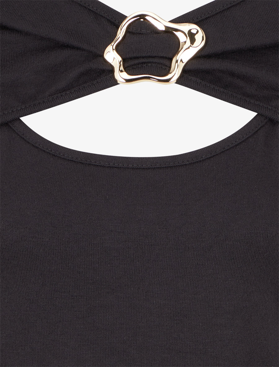 Pull fin à col rond ajouré à boucle - Noir - 3