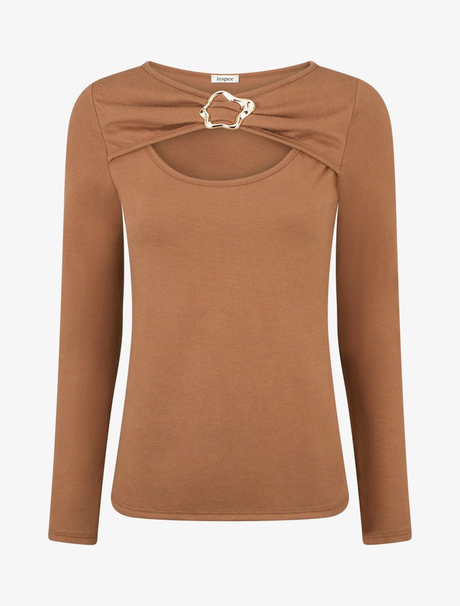 Pull fin à col rond ajouré à boucle - Camel - 1