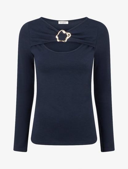 Pull fin à col rond ajouré à boucle - Marine - 1