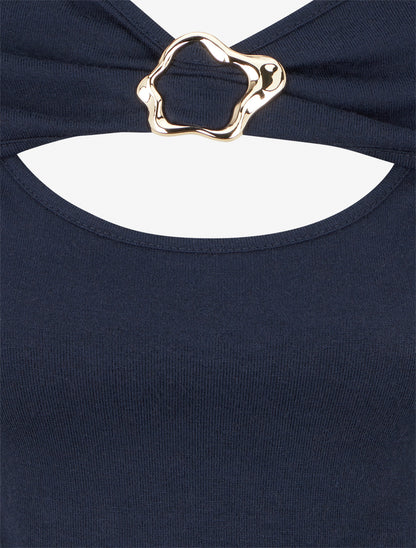 Pull fin à col rond ajouré à boucle - Marine - 3