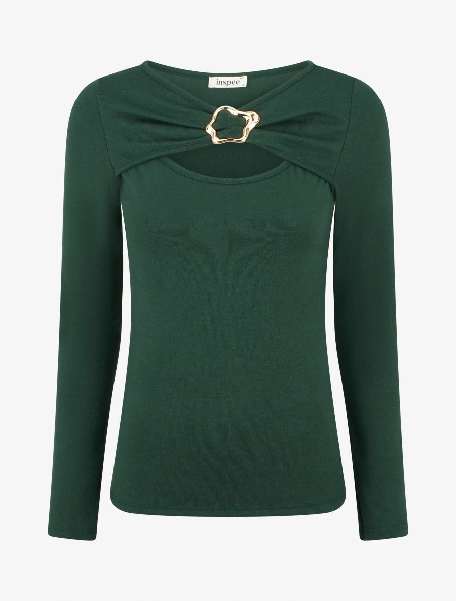 Pull fin à col rond ajouré à boucle - Vert foncé - 1