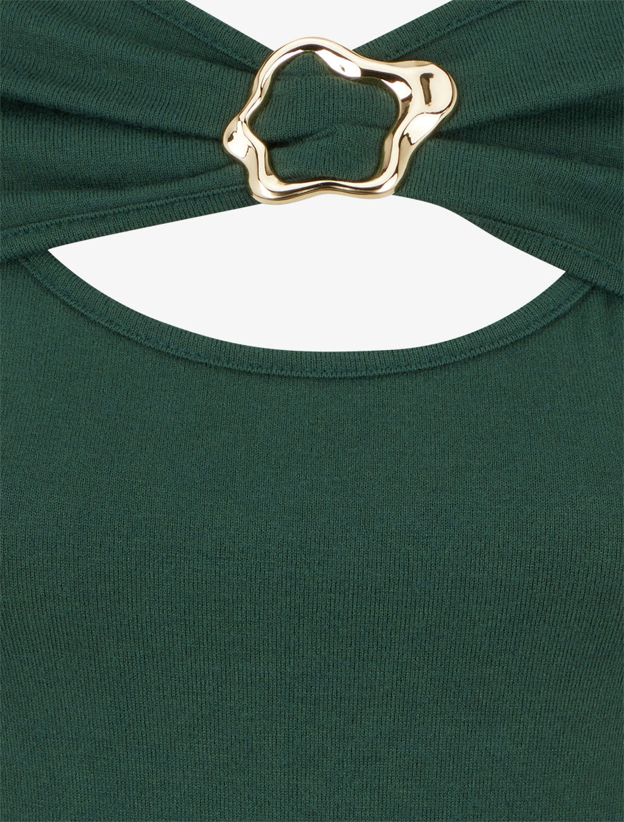 Pull fin à col rond ajouré à boucle - Vert foncé - 3