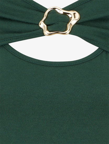 Pull fin à col rond ajouré à boucle - Vert foncé - 3