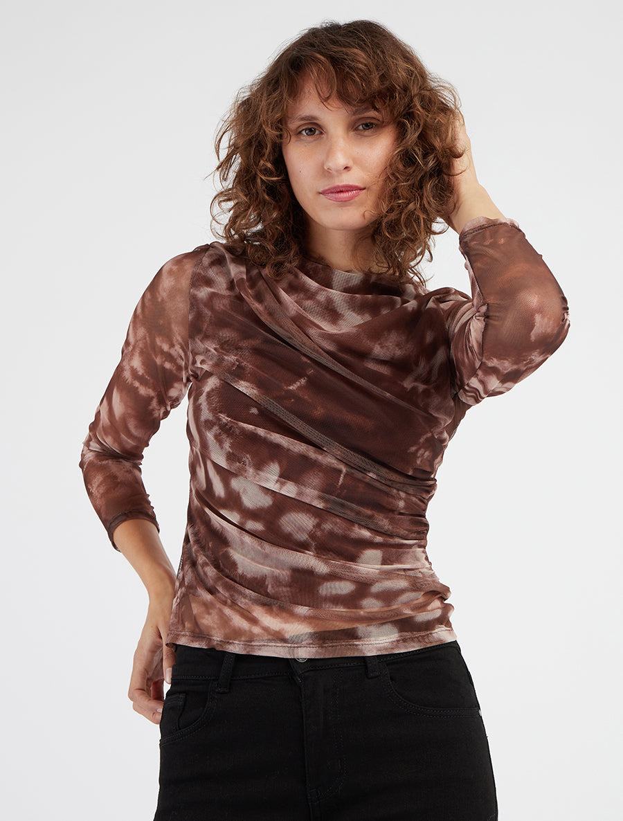 Top en tulle à encolure montante - Marron