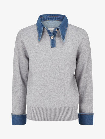 Pull uni à empiècement denim - Gris - 1