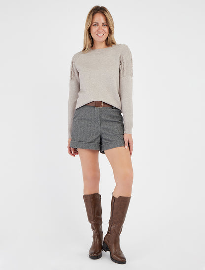 Pull uni à détail effiloché - Taupe