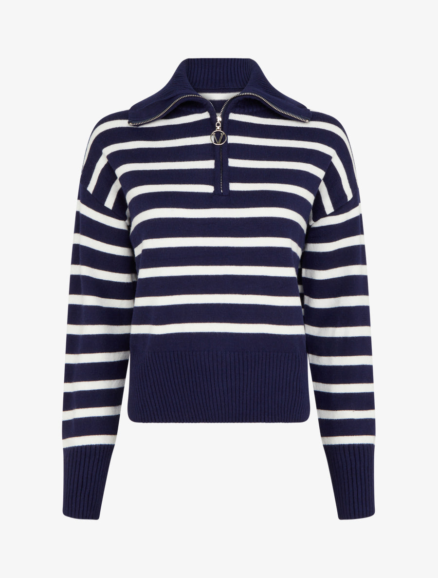 Pull rayé à col zippé - Marine - 1