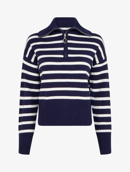 Pull rayé à col zippé - Marine - 1