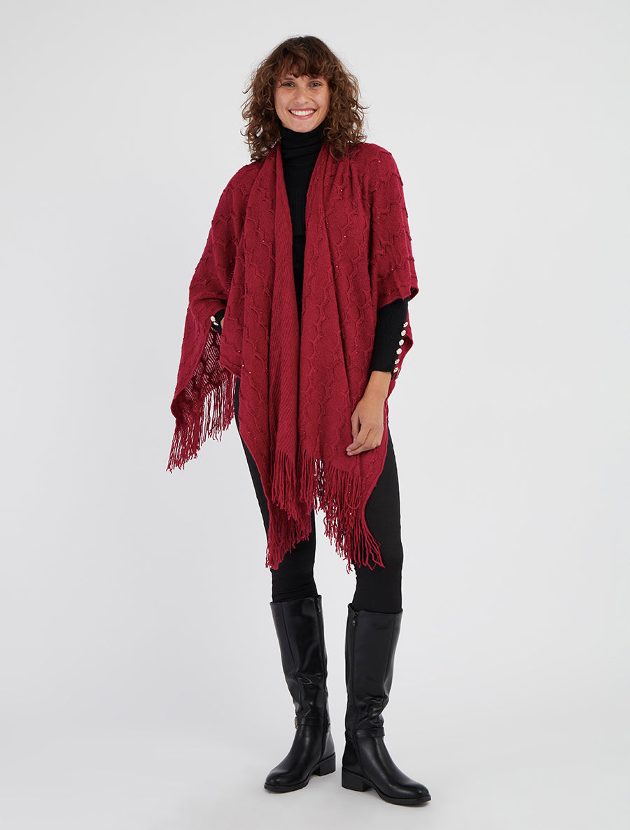 Poncho ajouré à sequins et franges - Lie de vin