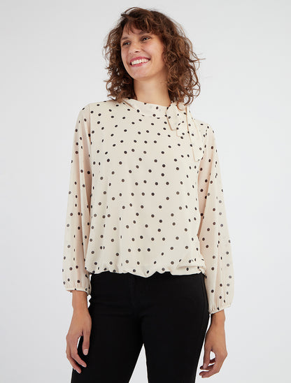 Top à pois et col lavallière - Beige