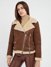 Blouson aviateur effet daim col cranté - Marron