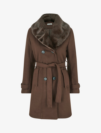 Manteau à col en fourrure synthétique amovible - Marron - 1