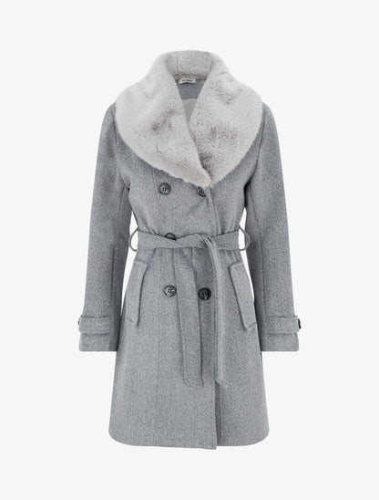 Manteau à col en fourrure synthétique amovible - Gris - 1